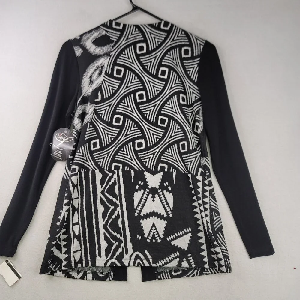 Vintage Libra Open Front Cardigan S Black White Geometric Artsy 90s Monochrome
